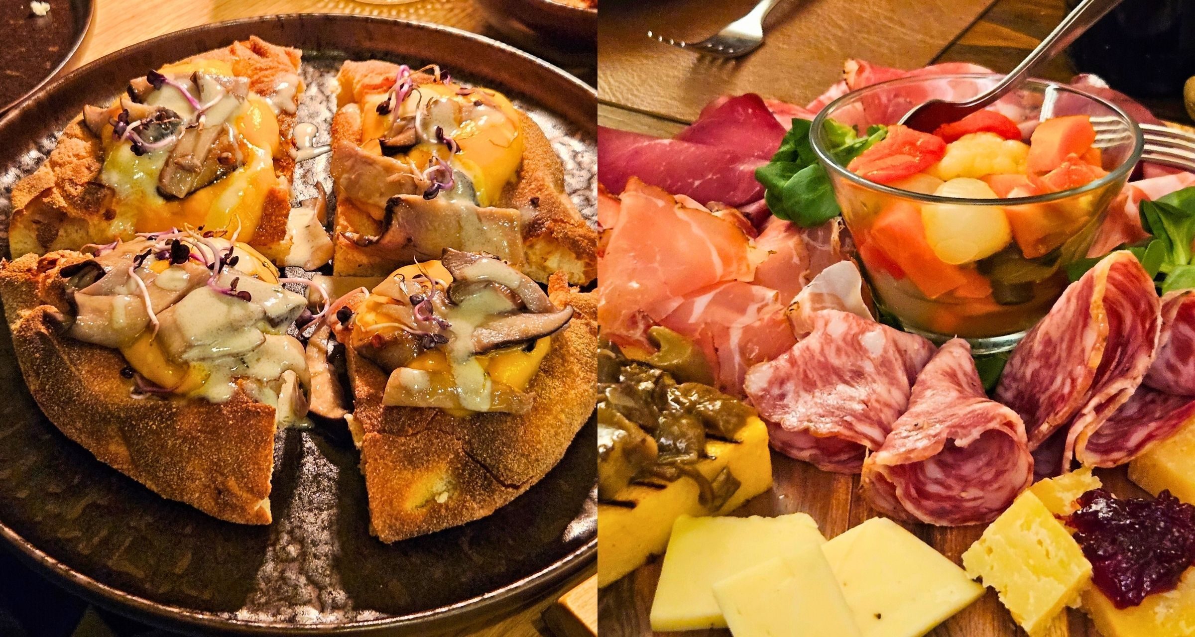 チーズとキノコのピザ/ハム、サラミ、チーズなどの前菜